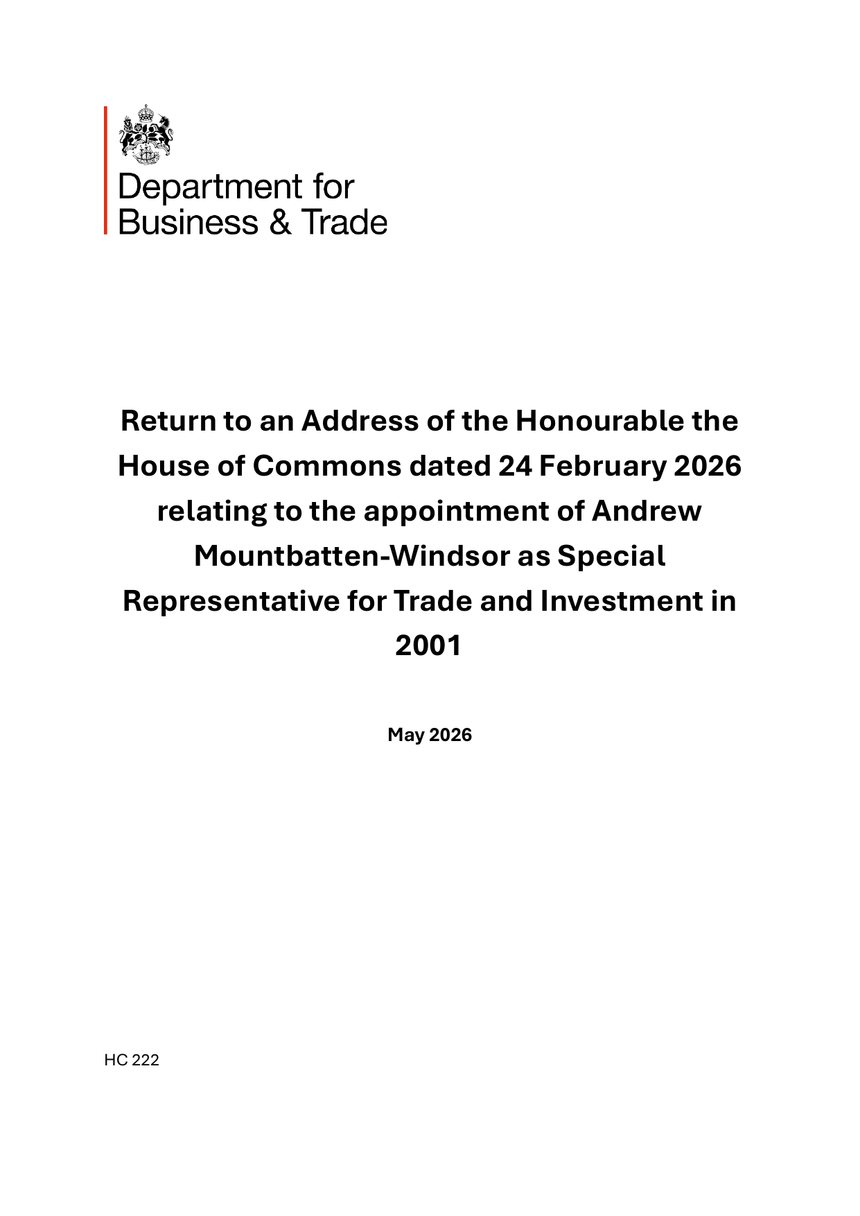 Cover of UK government command paper HC 222 on Andrew’s trade-envoy appointment