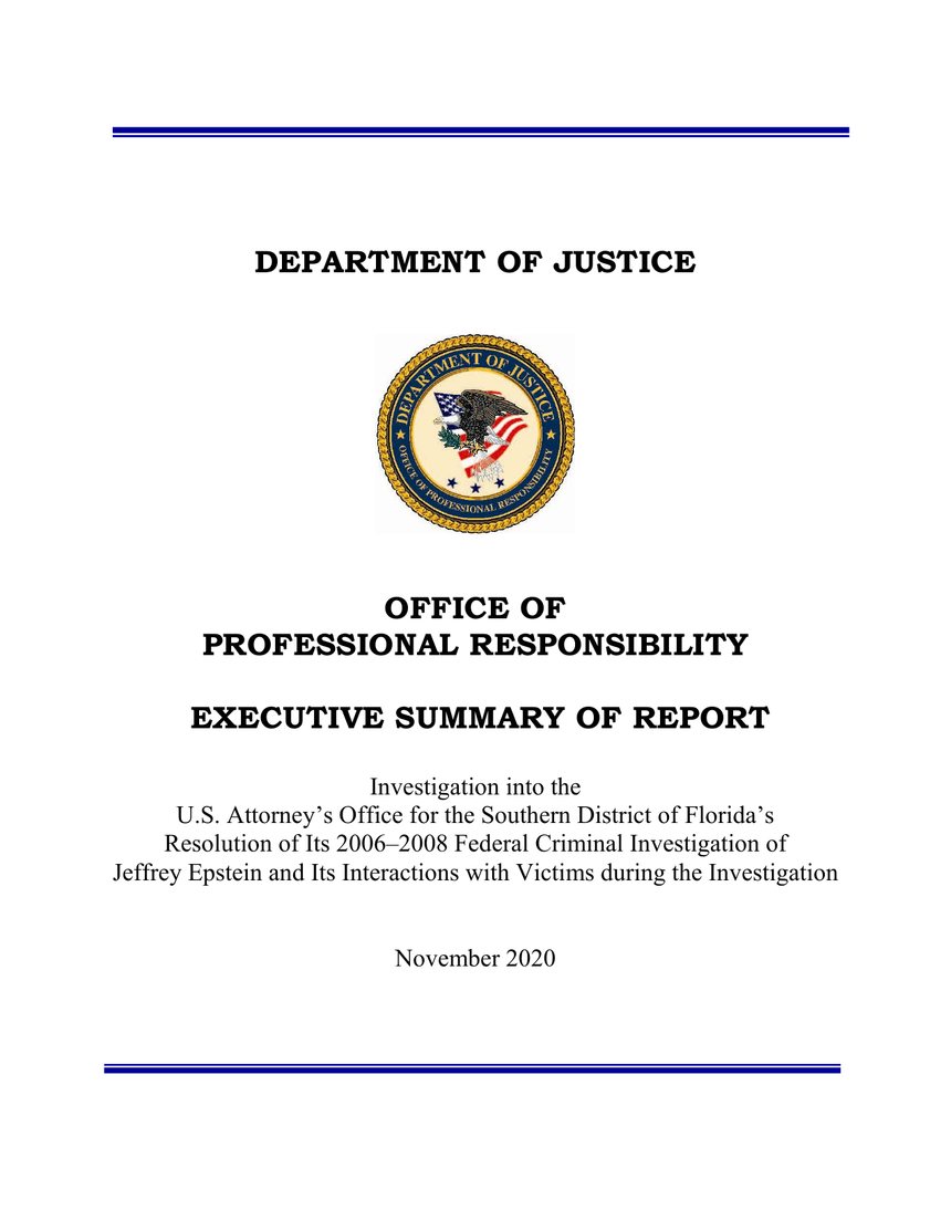 Cover of the DOJ Office of Professional Responsibility’s 2020 report on the Epstein plea