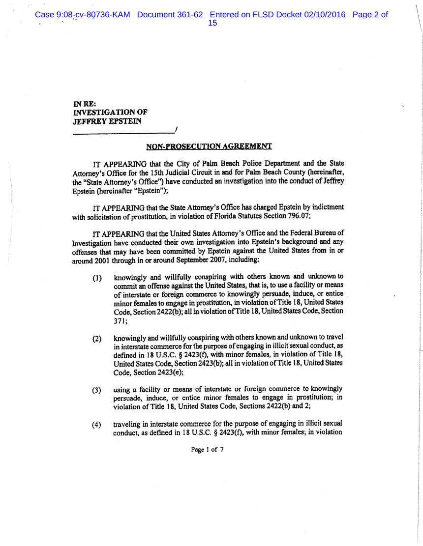 Title page of the 2007–08 non-prosecution agreement in the Epstein investigation