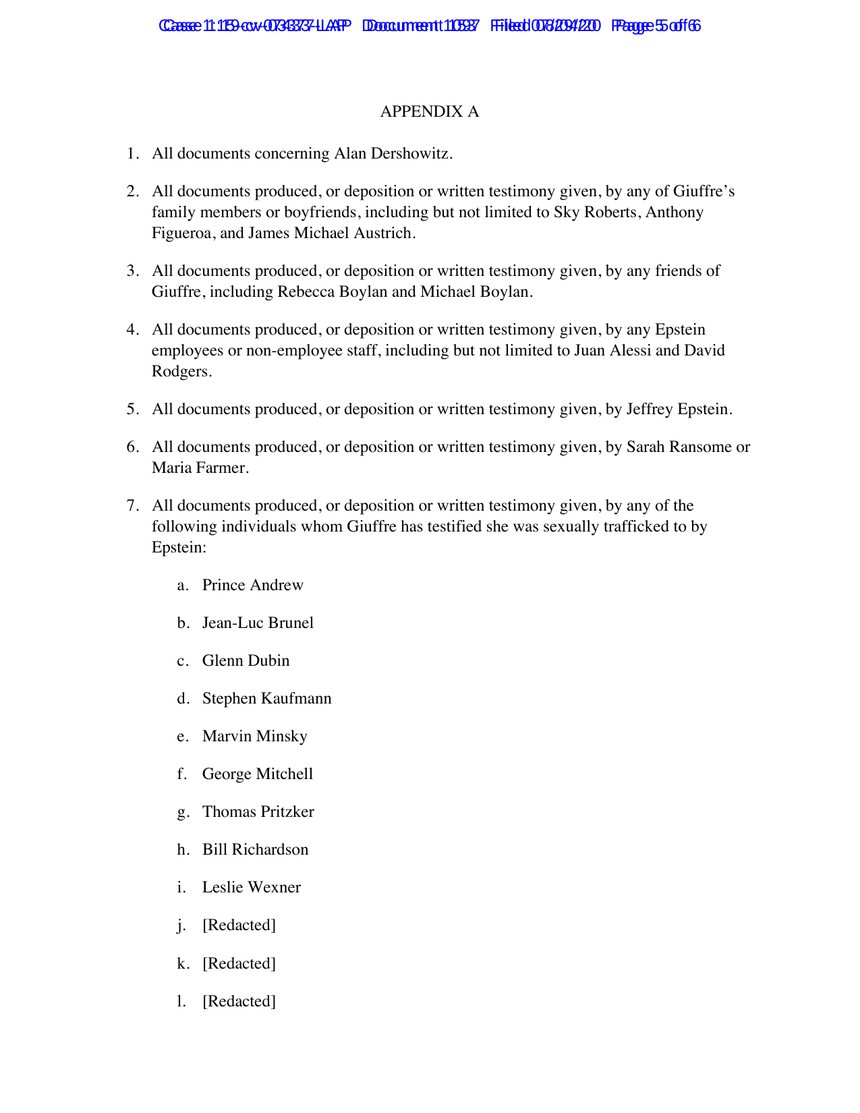 Court appendix listing names including Thomas Pritzker in Giuffre v. Maxwell