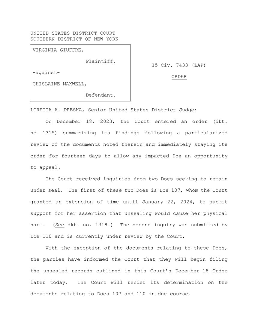 January 2024 order unsealing records in Giuffre v. Maxwell