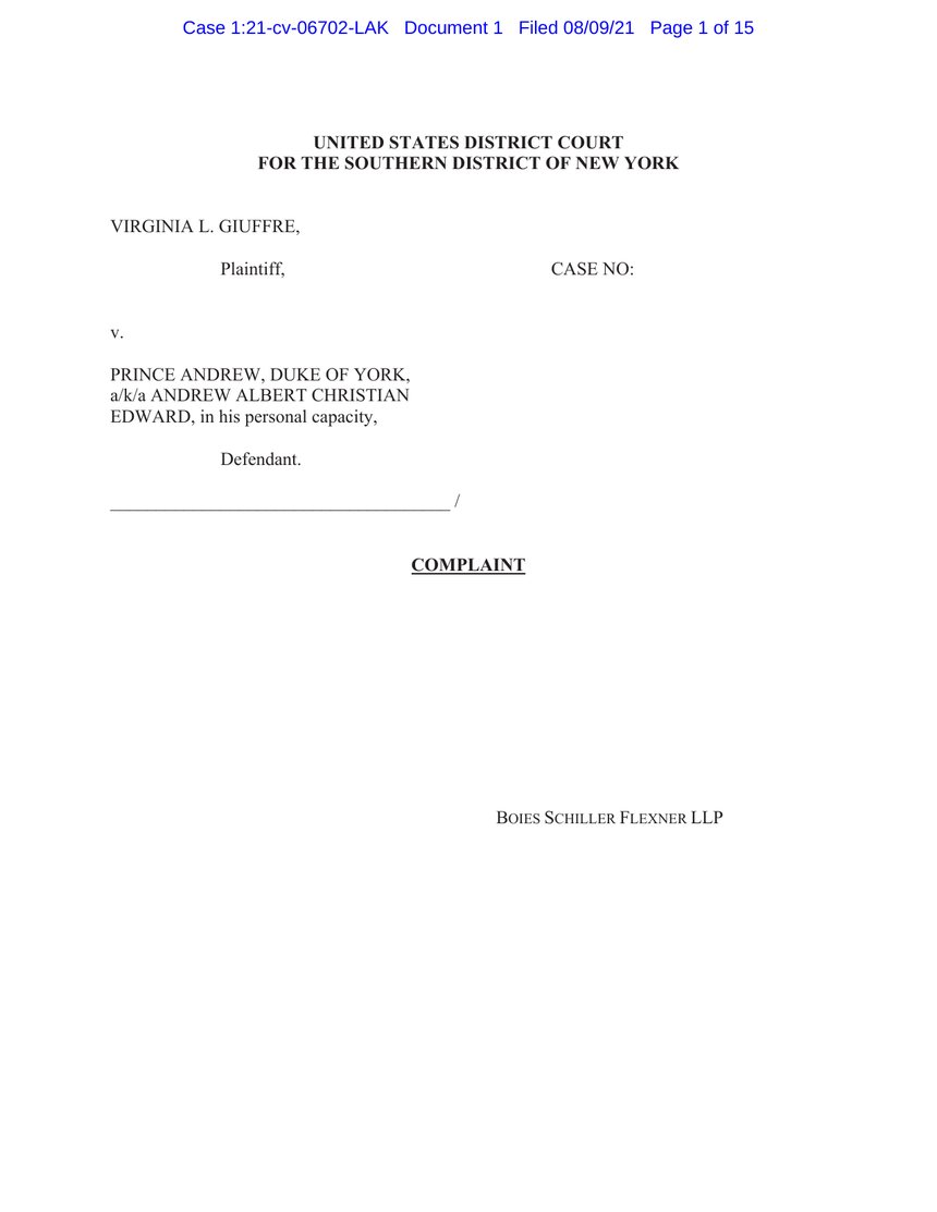 Opening page of Virginia Giuffre’s 2021 complaint against Prince Andrew