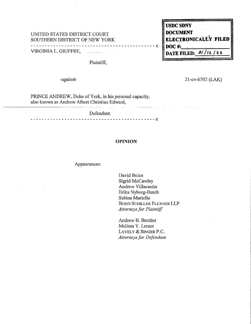 First page of Judge Kaplan’s 2022 opinion allowing Giuffre’s suit against Andrew to proceed