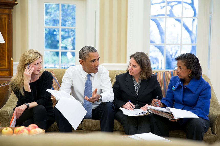 Kathryn Ruemmler with President Obama in the Oval Office, 2014